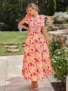 KARISMINA V-Ausschnitt Rüschen Saum bedrucktes Kleid für Frauen, geeignet für Frühlings-/Sommerurlaub - Verschiedenfarbig - Übersicht 5