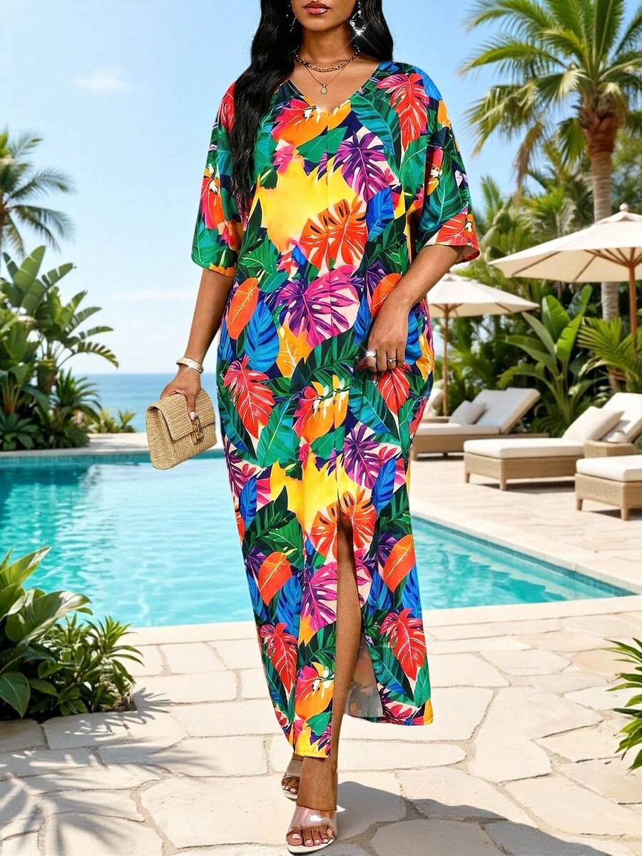 SHEIN Lady Women's V-Neck Leaf Print Casual Dress For Vacation Beach Cover Up Women's Cruise Outfit Women's Dresses Women's Beachwear Work Outfits For Women Women's Beach Cover-Up Dresses For Women Beach Vacation Outfits For Women Beach Cover Ups For Women Women's Beach Cover Up Elegant Women's Beach Cover Up Women's Clothing Dresses For Holiday Women's Clothes  Easter Outfit Women Easter Outfits Office Wear For Women Floral Dress For Women - Multicolor - View 1