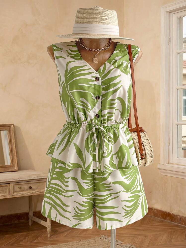 Plus Size Women Tropical Plant Print Sleeveless Button-Up Shirt And Shorts 2 Pieces Set