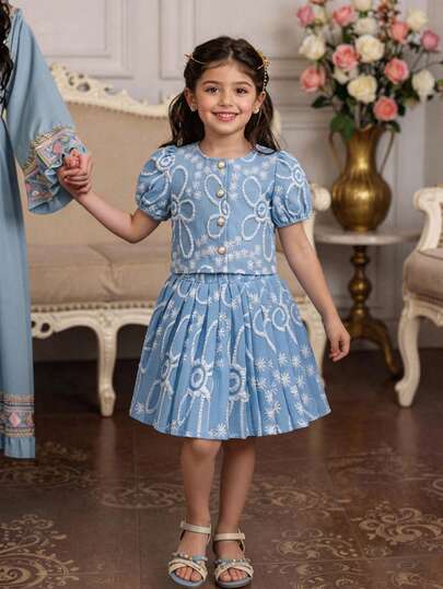 2件套女童休闲优雅白色提花珍珠纽扣开衫和百褶裙套装，适合派对和假日场合，夏季