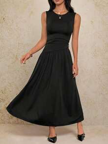 SHEIN PETITE 女士纯色圆领褶裥优雅束腰连衣裙，适合派对穿着 - 黑色 - 查看 6