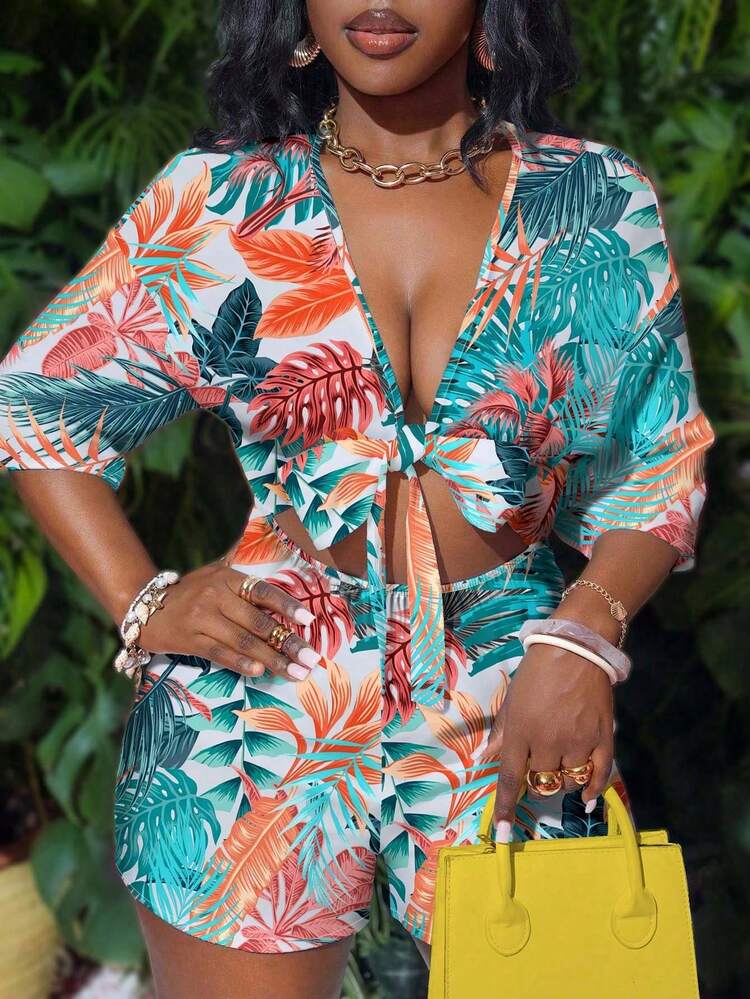 Slaydiva 度假风白色前系带镂空七分袖宽松连体裤 女士上衣和衬衫 女士夏季服装 热带印花上衣 花卉印花短裤套装 前系带衬衫 - 彩色 - 查看 1