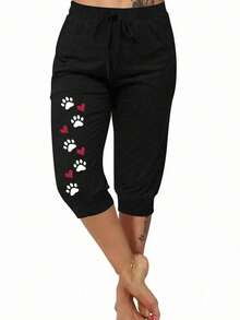 DrmWander Quần dài nữ kiểu dáng thường ngày có dây rút, họa tiết dấu chân dễ thương, hoàn hảo cho kỳ nghỉ. - màu đen - Xem 1