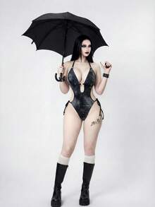 ROMWE Goth 女士露背吊带无袖镂空修身连体泳衣，夏季时尚之选 - 黑色 - 查看 5