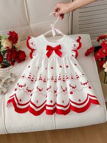 SHEIN Vintaside Kids White And Red Baby Girl Dress,Summer Cute Party Fashion Soft Fabric Round Neck Ruffle Sleeves Floral Embroidery Pastoral Style Lightweight - Red - View 4