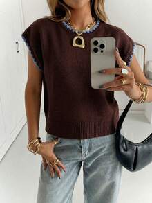 Siren Gaze 女士圆领撞色滚边休闲日常针织上衣 - 咖啡棕 - 查看 1