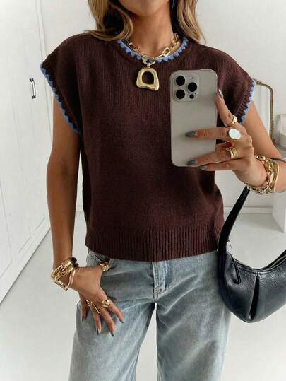 Siren Gaze Blusa de punto casual de cuello redondo con ribete de contraste para mujer