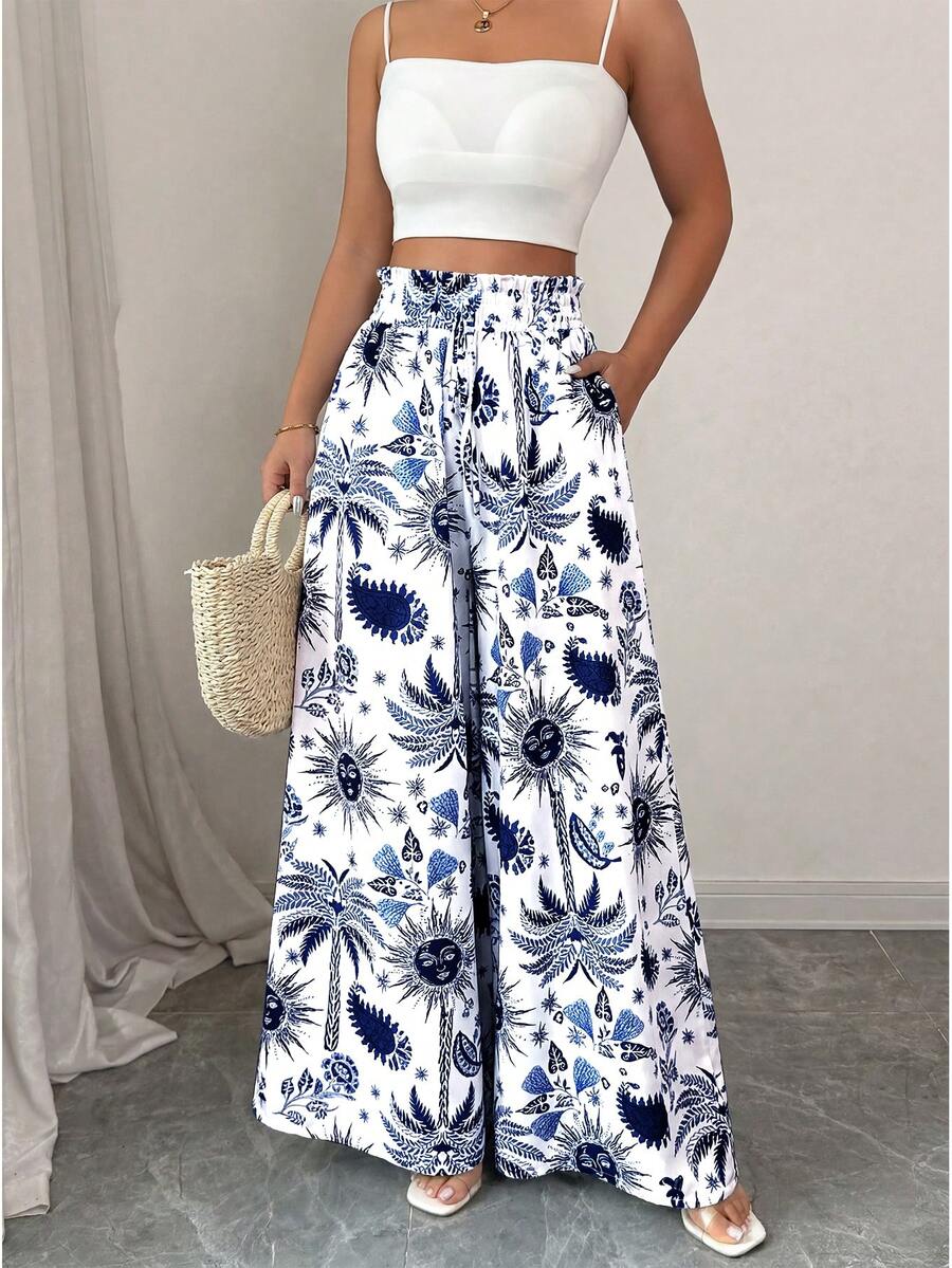 Breezaya Quần ống loe nữ in họa tiết cây cọ, có túi, thích hợp mặc đi biển, làm đồ hè cho nữ. - Xanh đậm - Xem 1