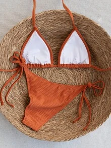 Swim Mod Women's Solid Color Textured Halter Bikini Set, Suitable For Summer Vacation & Beach Beach Sets For Women - Burnt Orange - View 2