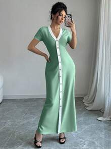 Selianne Women's Short Sleeve Front Button Two-Tone Dress - Green - View 3