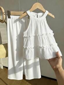 Tween Girls' Solid Color Frill Trim Halter Top And Pants Casual Vacation Outfit - Yellow - View 2