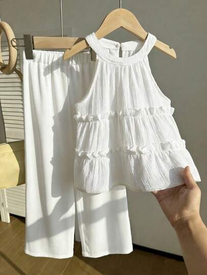 Tween Girls' Solid Color Frill Trim Halter Top And Pants Casual Vacation Outfit