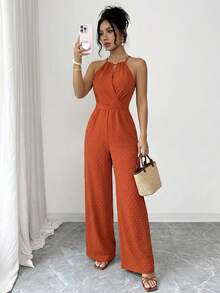 Franclia Bộ jumpsuit nữ kiểu dáng cổ điển thanh lịch, cổ yếm, thắt chéo eo, ống rộng, thích hợp cho buổi hẹn hò ngày Valentine, kỳ nghỉ hè, tụ họp bạn bè hoặc đi làm hàng ngày. - trái cam - Xem 3