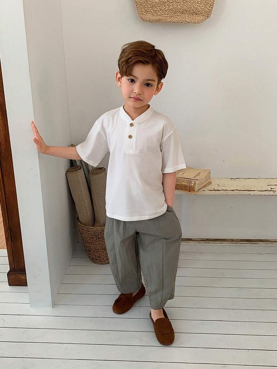Hapijoa Young Boy Solid Color Button Design Short Sleeve Casual T-Shirt Summer - White - View 1