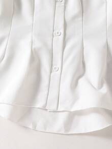 SHEIN Casuvi Kids 条纹前开襟短袖休闲衬衫，灯笼袖，蝴蝶结腰身，A字廓形，适合少女穿着，夏季通勤及度假皆宜。 - 白色 - 查看 7