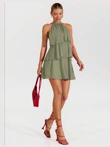 Vestido corto de gasa rojo sólido con hojas de loto en cascada, apropiado para citas diarias, salidas nocturnas, discotecas, fiestas, reuniones, fiestas de cócteles, fiestas de piscina, ropa de vuelta al colegio, vestidos de temporada escolar, vestidos de vacaciones, faldas tutú - Verde militar - Ver 7