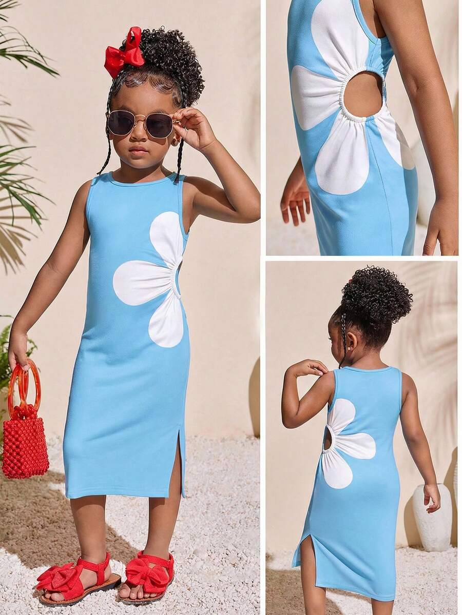 Young Girl Tropical Fashion Fuchsia Round Neck Waist Cutout A-Line Dress - Blue - View 1