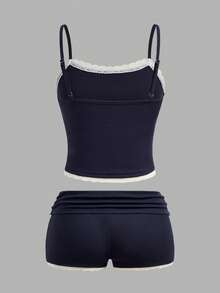 2pcs/Set Teen Girls' Clean Girl Style Solid Color Spaghetti Strap Top And Shorts Set, Summer Vacation Outfit, Spring/Summer, New Year, Valentine's Day, Navy Blue - Royal Blue - View 2