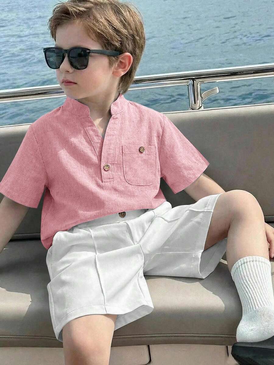 SHEIN LMoss Kids Bộ 2 món áo sơ mi ngắn tay cổ chữ V và quần short cho bé trai - Bụi hồng - Xem 1