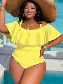 Slaydiva Traje de baño de una pieza con hombros descubiertos y unicolor para tallas grandes - Amarillo - Ver 6