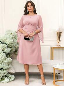 Reflora Plus Size Women Solid Color Round Neck Ruched Fashionable Date Dress - Pink - View 5