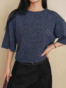 DAZY Women's Solid Color Round Neck Casual Versatile Daily Wear Short Sleeve T-Shirt - Navy Blue - View 3