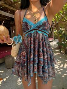 Sunnyshic Đầm ngắn cổ yếm buộc nơ kiểu Bohemian năng động, họa tiết paisley, dáng bất đối xứng, nhiều lớp, phối ruy băng, thích hợp cho nữ, đi nghỉ mát, mặc hàng ngày, thời trang. Thích hợp cho mùa xuân/hè. - Nhiều màu - Xem 1