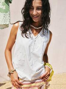 SoleilVie 法式休闲星形贴花V领蕾丝拼接无袖上衣，沙滩度假风星形贴花吊带背心，女士夏季穿搭，夏季上衣，女士夏季穿搭，女士沙滩装 - 杏色 - 查看 5