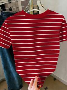 Teen Girls Casual Striped Print Round Neck Short Sleeve T-Shirt, Suitable For Summer - Multicolor - View 2