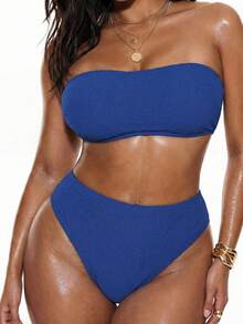 Swim Basics 2 件大码女式纯色抹胸比基尼套装，简约休闲度假泳装夏季 - 寶藍色 - 查看 3