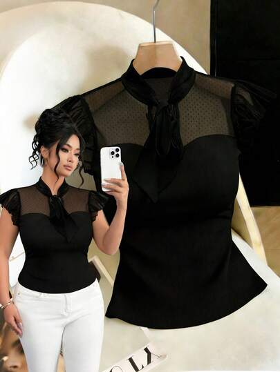 GlowEve CURVE Ribbed Knit Contrast Mesh Bowknot Neck Fitted Plus Size Women T-Shirt, Summer