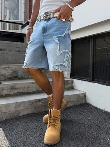 Manfinity EMRG Men's American Hip Hop Streetwear Star Patch Distressed Loose Wide Leg Denim Shorts - Light Wash - View 3