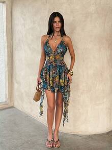 Opulessa Spring & Summer Vacation Knitted Mesh Printed Ruffle Trim Halter Neck Mini Dress For Women - Multicolor - View 5