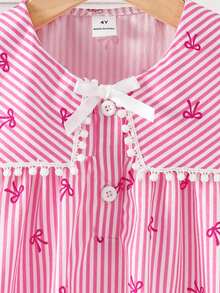 SHEIN Elladie kids 女童粉白条纹蝴蝶结印花休闲可爱白色蝴蝶结蕾丝边方领开襟甜美连衣裙，适合日常、度假、通勤，优雅又可爱 - 粉色 - 查看 6