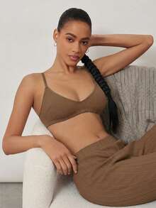 Ocili 100% Cotton Ribbed Comfortable Basic Minimalist Underwear, EasyComfort ChicAutumnCasual Women's Bra - Khaki - View 3