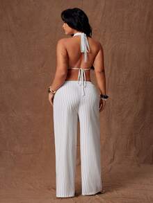 Rustia Plus Size Women V-Neck Striped Halter Top And Wide Leg Pants 2 Pieces Set - Apricot - View 2