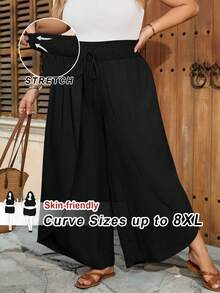 SHEIN CURVE+ Quần ống loe dáng suông, size US22, thích hợp cho các lễ hội âm nhạc, kỳ nghỉ biển, phong cách bohemian, màu trơn, thời trang thường ngày, phù hợp mặc mùa hè. - màu đen - Xem 7