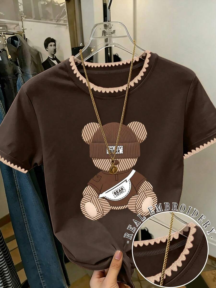 Resyla 休闲时尚，贝壳锈色，熊印花圆领落肩女式T恤，适合日常和活动穿着。 - 鏽棕色 - 查看 1