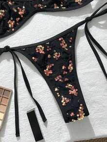 Swim SXY 2026春夏薄荷蓝亮片性感两件式比基尼套装，细肩带系带+三角款式，清新火辣沙滩泳装，凸显身材，吸睛黑色亮片比基尼泳装套装，女士比基尼套装，两件式比基尼，亮片比基尼套装，花卉泳装 - 黑色 - 查看 4