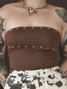 Arliah Áo crop top Y2K màu nâu dạo phố dành cho nữ, áo vest ôm vừa vặn họa tiết ngôi sao nhạc Punk Rock, thu/đông - màu nâu - Xem 3