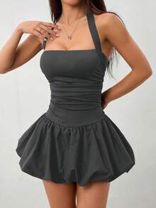 SHEIN PETITE 女款綁帶領露背純色簡約休閒迷你泡泡裙，夏季女裝，適合嬌小女性 - 深灰色 - 查看 11
