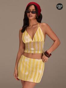 Athîral Women's Casual Vacation Knit Striped Yellow Floral Halter Top And Mini Skirt 2 Pieces Set, Yellow Two Piece Set, Yellow Two Piece Set Women, Yellow Summer Top, Yellow Stripe Top,Date Party Outfit, Daily Outfit, Holiday Outfit, Beach Outfit - Yellow - View 2