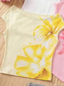 SHEIN 3pcs/Set Girls Vacation Tight Off-Shoulder Multicolor T-Shirts - White - View 5