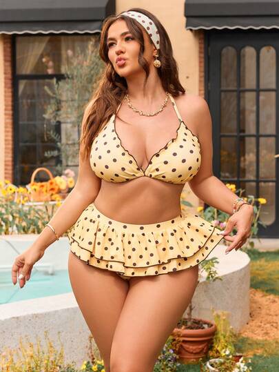 Swim Mod Plus Size Women's Sweet & Cute Minimalist Beach Vacation Random Polka Dot Print Halter Tie Ruffle Hem Tankini Swimsuit Set