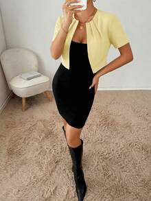 SHEIN Essnce 大码女装春夏时尚优雅舒适基础款简约白色短袖开衫外套，极简风格，夏季外套，办公穿着，白色上衣，婚礼宾客服装，工作上衣，商务休闲女装，露脐上衣，欧洲夏季 - 黃色 - 查看 5