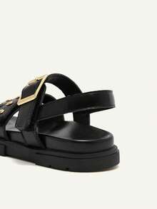 Cozy Pixies A Pair Of Fashionable Versatile Retro Roman Sandals, Girls' Black Rivet Open-Toed Sandals, Cool Summer Soft-Soled Versatile Princess Shoes, - Black - View 6