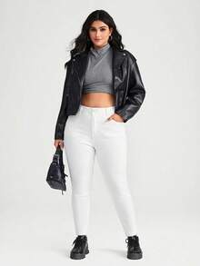 SHEIN ICON 大码黑色弹力修身七分牛仔裤 - 白色 - 查看 4
