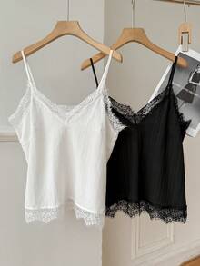 SHEIN EZwear 女士黑白梭织吊带背心两件套，家居服 - 彩色 - 查看 9