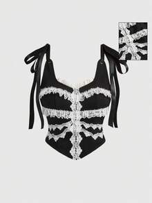 Goth 女士哥特式蕾丝边天鹅绒吊带背心 - 黑色 - 查看 1