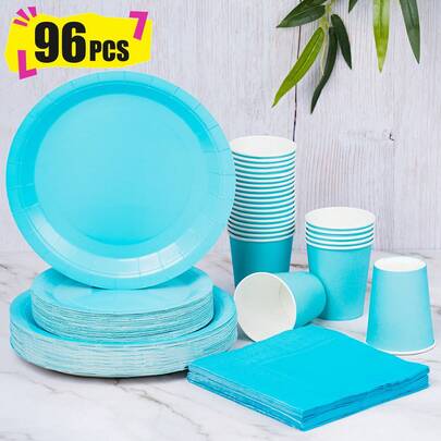 Light Blue Disposable Plates, Napkins And Paper Cups Party Set, Serves 24 Guests. This Disposable Paper Plate Party Tableware Is Suitable For Birthdays, Weddings, Themed Parties And Family Picnics.